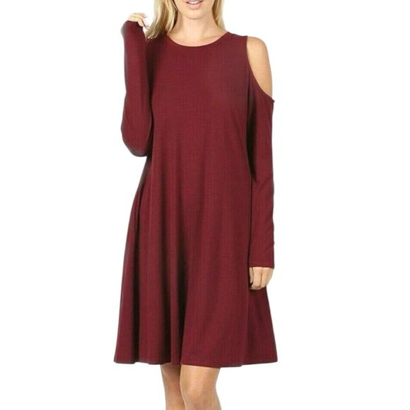 Women Red Cold Shoulder A-Line Shirt Dress Red Large With pockets - Picture 1 of 15